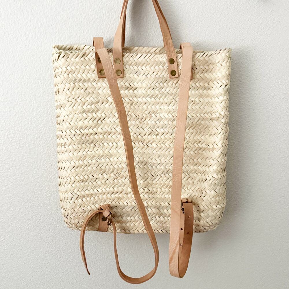BOUTIQUE | Rattan Woven Wicker Basket Style Backpack Tote Bag Leather Straps - Picture 4 of 7